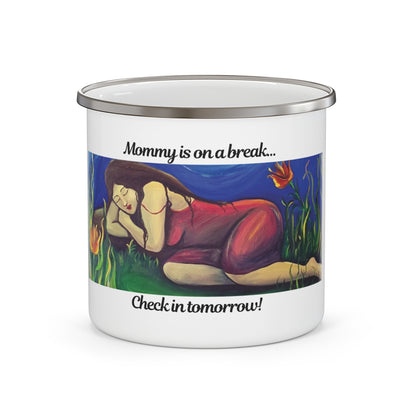 Mama Is On Break Enamel Camping Mug – Funny Mom Mug, Mother's Day Gift, Reading Lover Gift, Ceramic Coffee Mug for Women